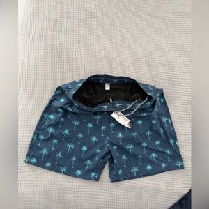 APTRO Navy and Teal Palm Print Swim Shorts with soft compression liner